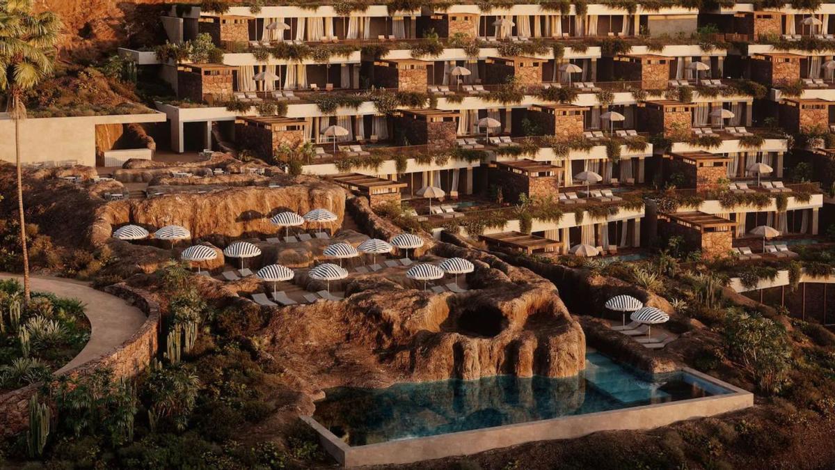 Infografía del proyecto Cuna del Alma, con una piscina integrada en la roca.