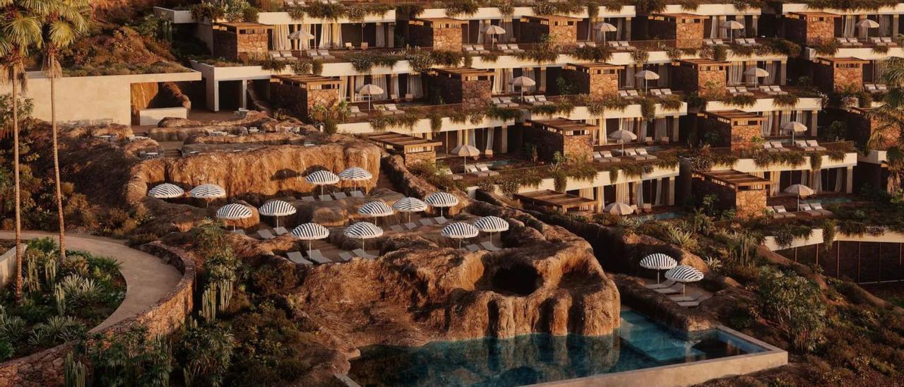 Infografía del proyecto Cuna del Alma, con una piscina integrada en la roca.