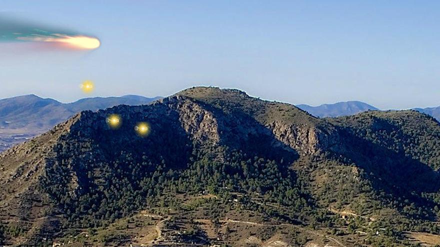 Recreación virtual de la caída de los fragmentos del meteorito en la sierra Camara de Elda, basada en la información facilitada por la testigo