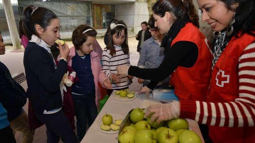 Voluntarias de Cruz Roja reparten manzanas entre los alumnos del CEIP Manuel Vidal Portela.  // G. Santos