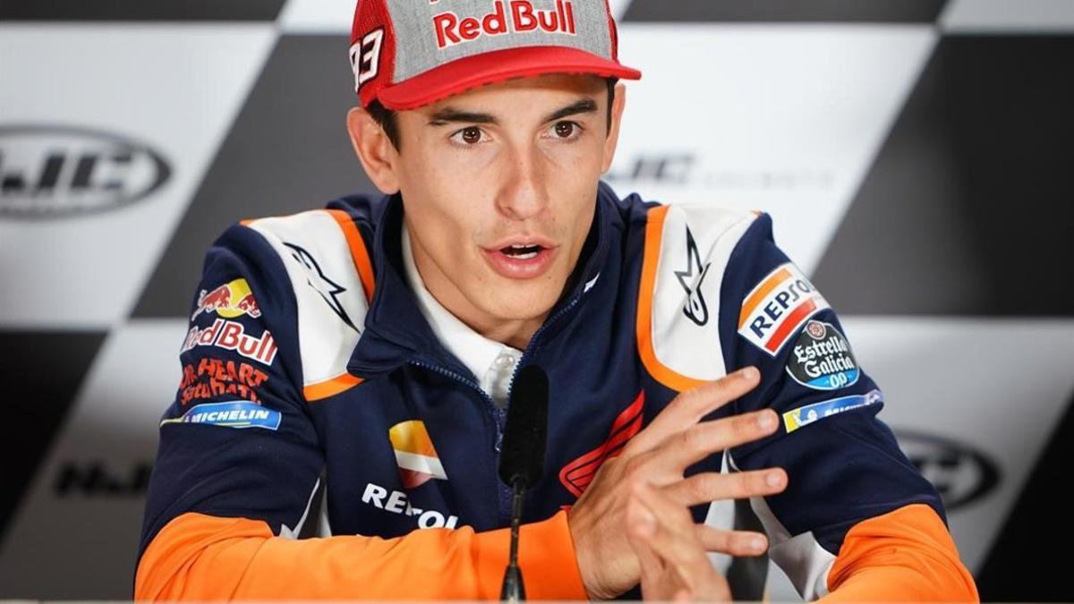 El catalán Marc Márquez, hoy durante la conferencia de prensa de Sachsenring (Alemania).