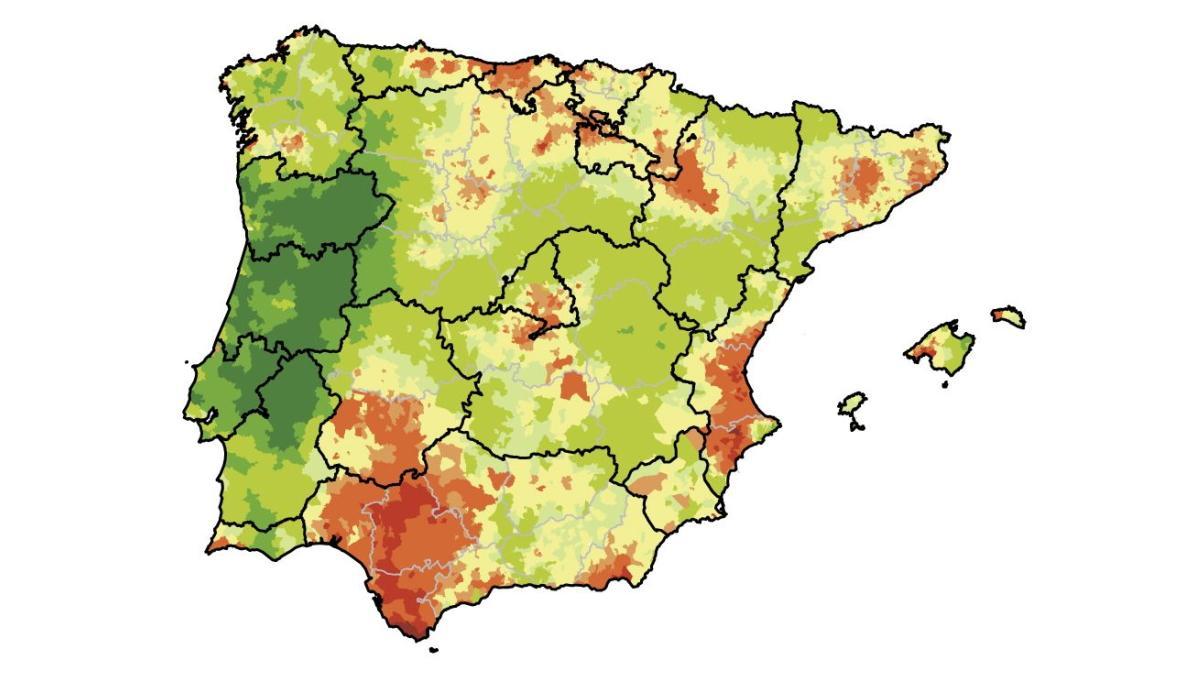 Mapa de riesgo relativo de fallecer por cáncer de vejiga.