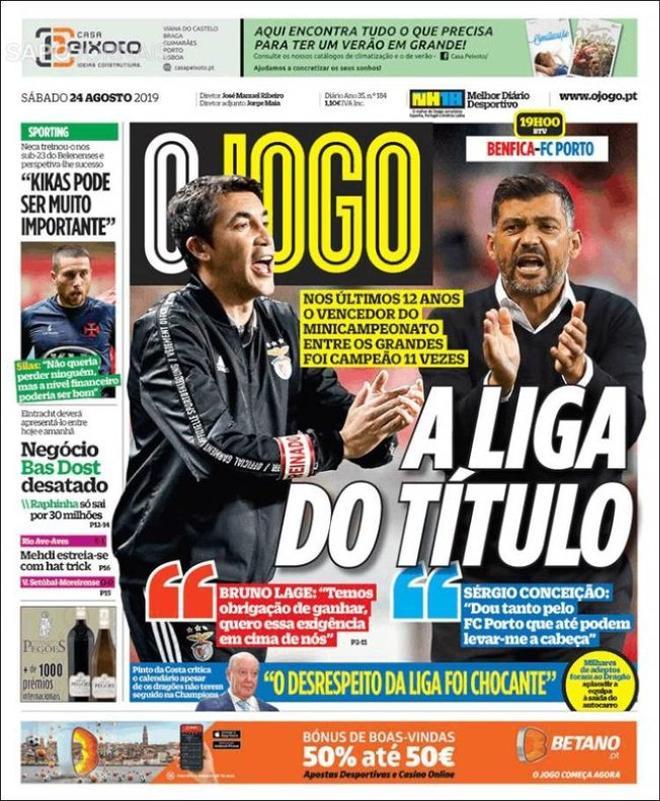 Portada de OJogo, del sábado, 24 de agosto de 2019