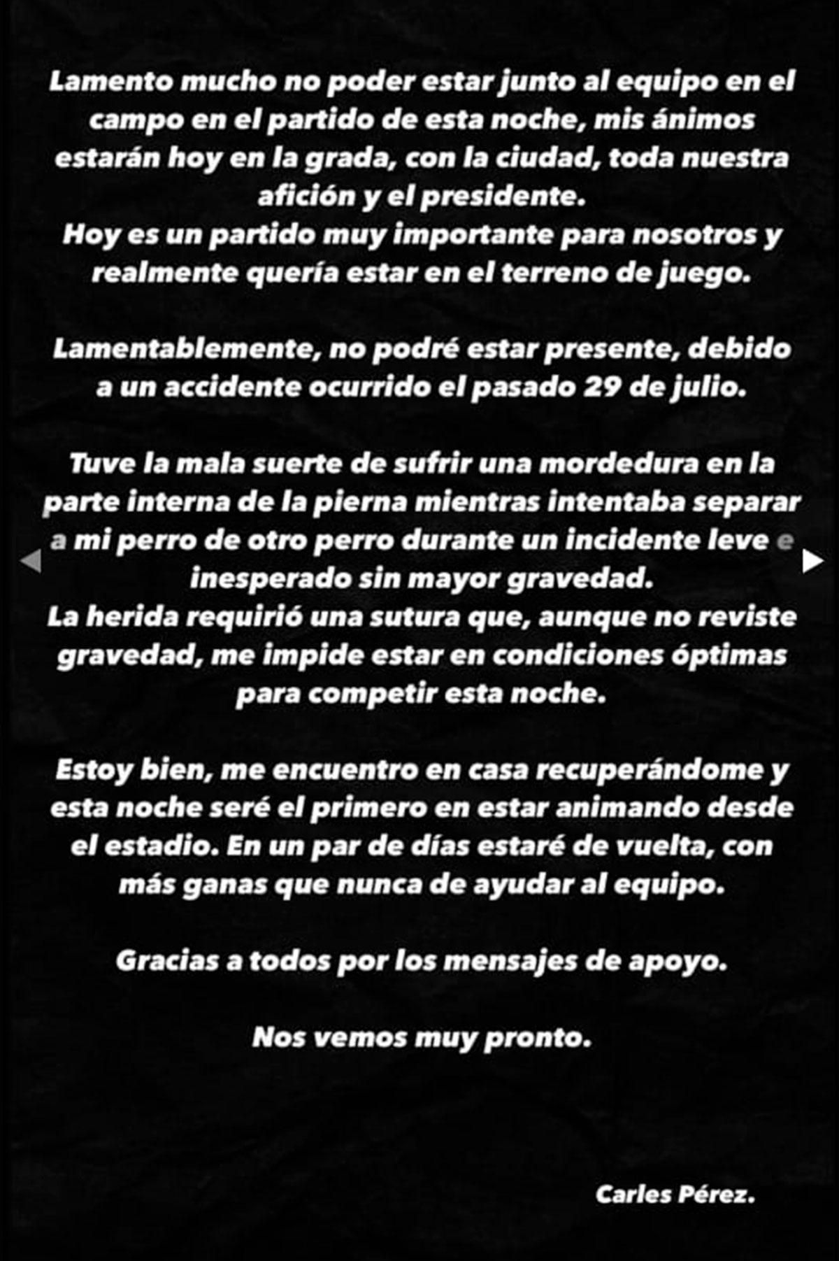 Mensaje de Carles Pérez en su Instagram.