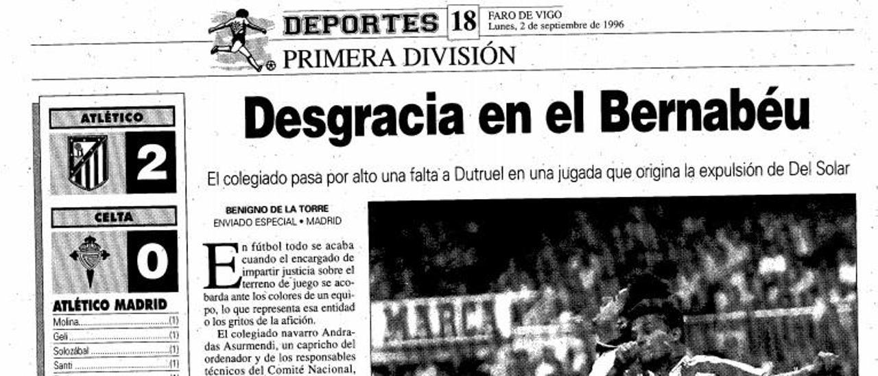 Crónica del Atlético-Celta del 1 de septiembre de 1996 en que fue expulsado Chemo del Solar.