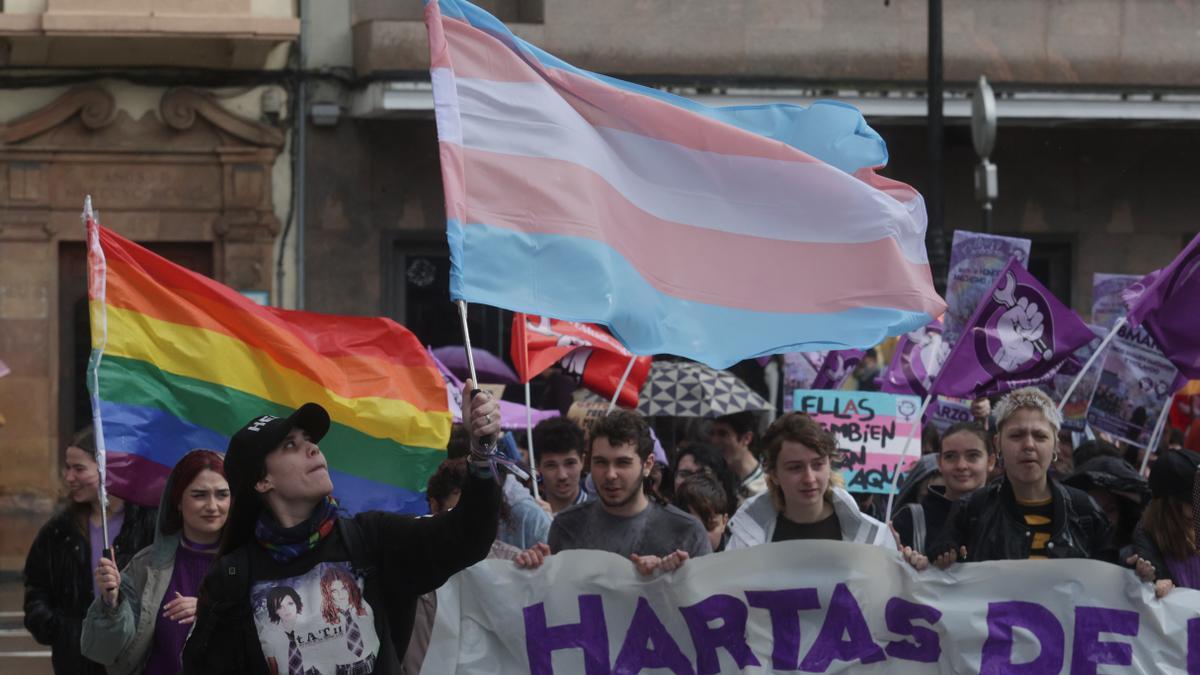 Miembros del Sindicato de Estudiantes, en su protesta del 8M, con banderas Trans y LGTBI.