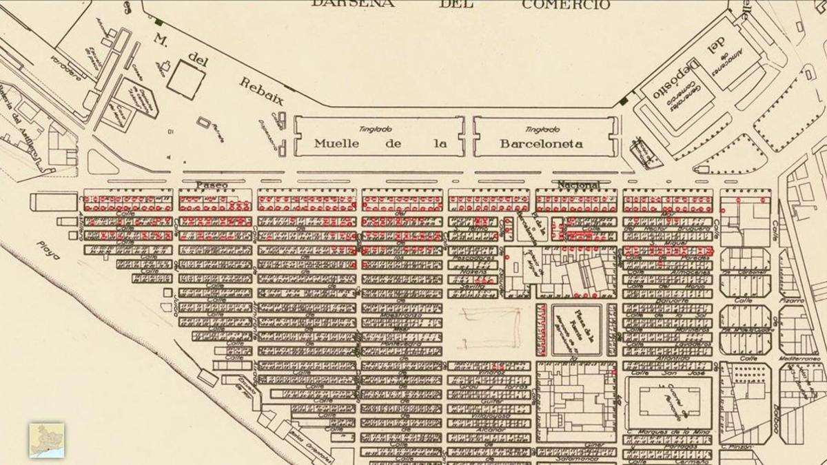 En rojo, las zonas de la Barceloneta que recibieron más bombas durante la Guerra Civil, según un mapa de la época.