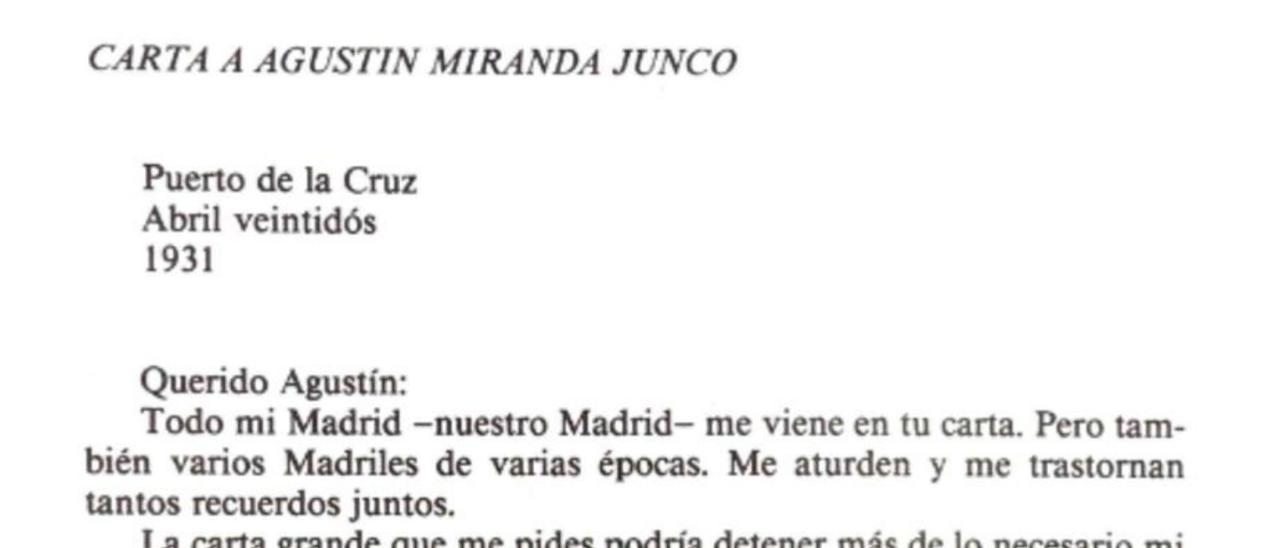 Carta de Agustín Espinosa a Miranda Junco, reproducida  por Miguel Pérez Corrales en ‘Agustín Espinosa, entre el mito y el sueño’.