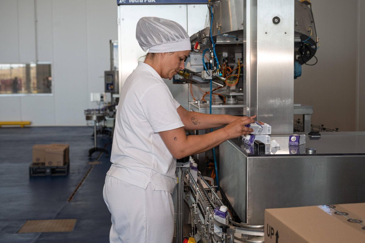 Una trabajadora de Nutrisens en la cadena de embalaje de productos.