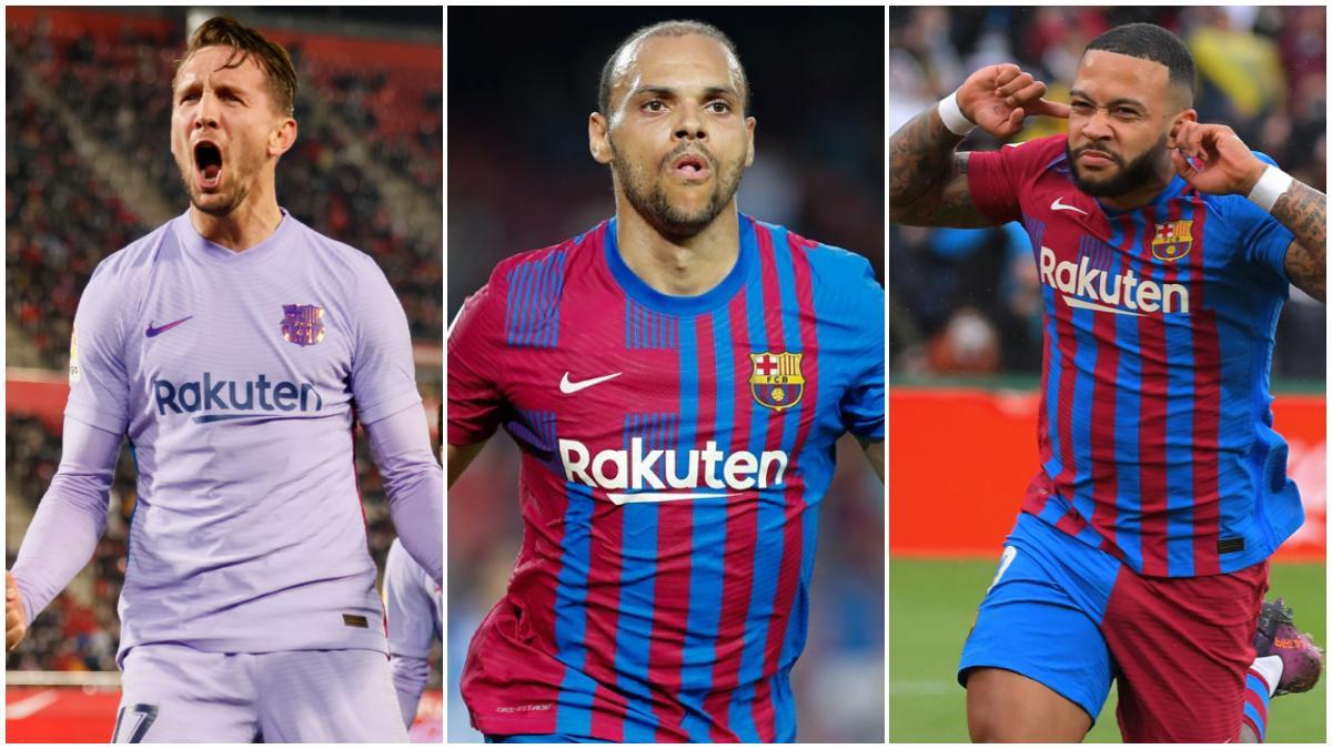 Luuk de Jong, Martin Braithwaite y Memphis Depay, delanteros del Barça