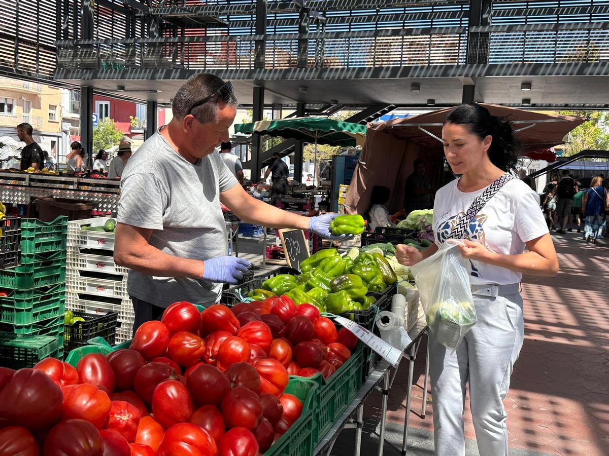 La regidora de Mercats, Pilar Sánchez, comprant en una de les noves parades