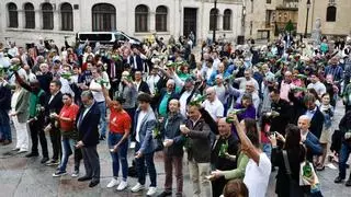 Cientos de brazos al aire junto a la Catedral de Oviedo para conmemorar el Día Mundial de la Sidra