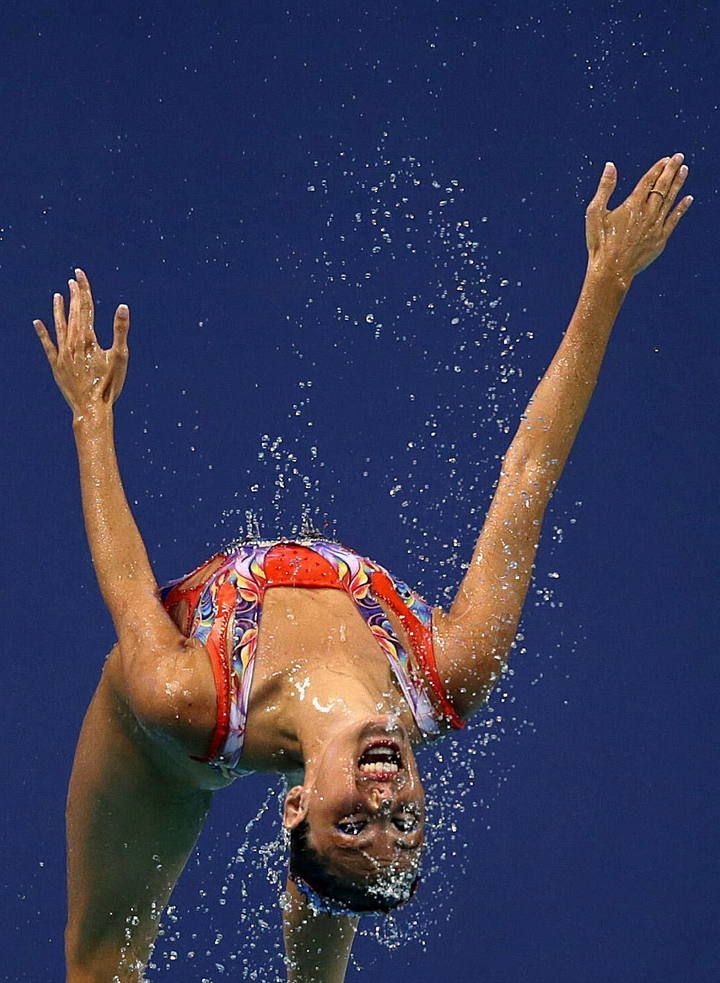 Las integrantes del equipo español de natación sincronizada durante su actuación en la final de rutina libre por equipos de los Mundiales de natación que se celebran en Kazán (Rusia), en la que han conseguido la quinta plaza.