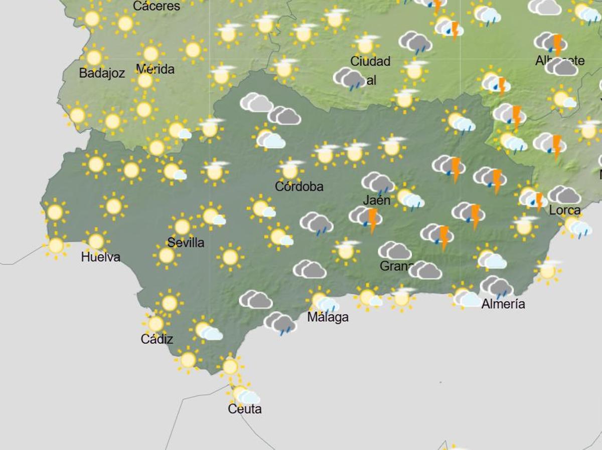 Zonas con precipitaciones y tormentas este domingo por la tarde en Andalucía.