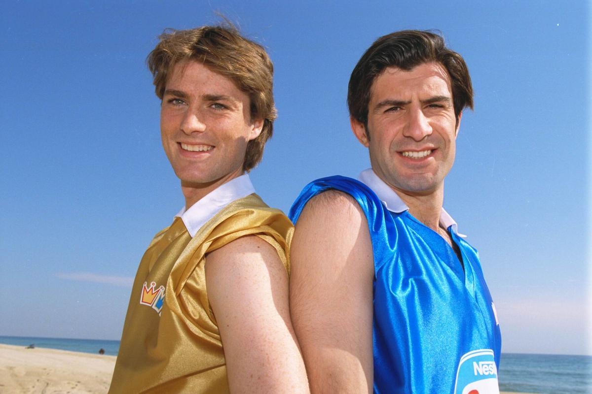 Julen Guerrero, junto a Figo, durante el rodaje de un anuncio de una conocida marca de helados