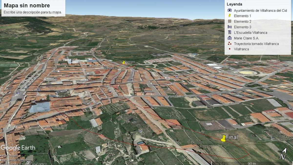 Recorrido que tuvo el tornado a lo largo de Vilafranca.