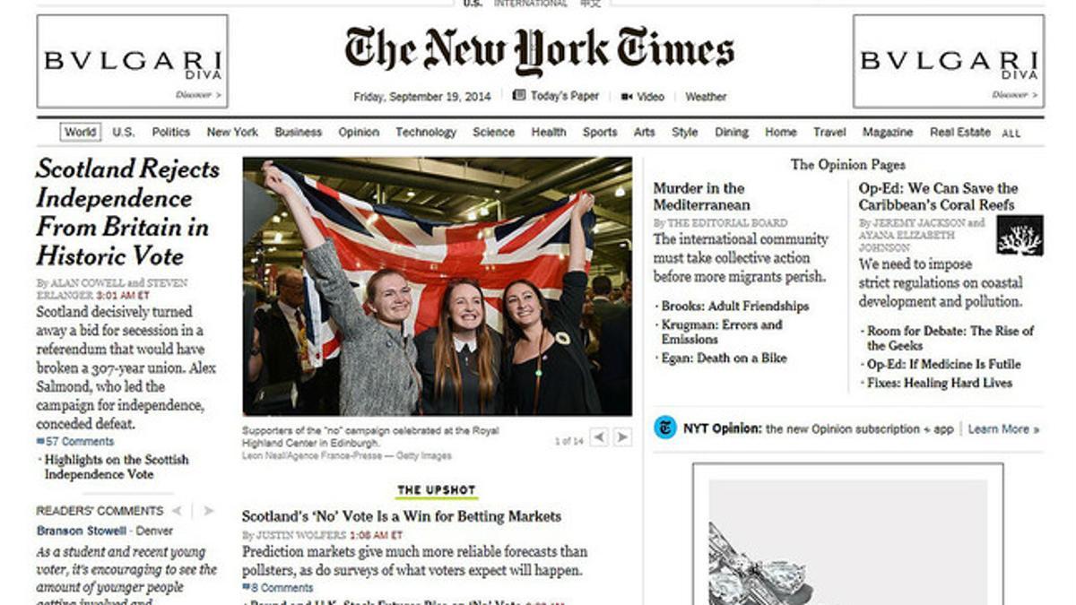 La edición digital de 'The New York Times', dedicada a Escocia.