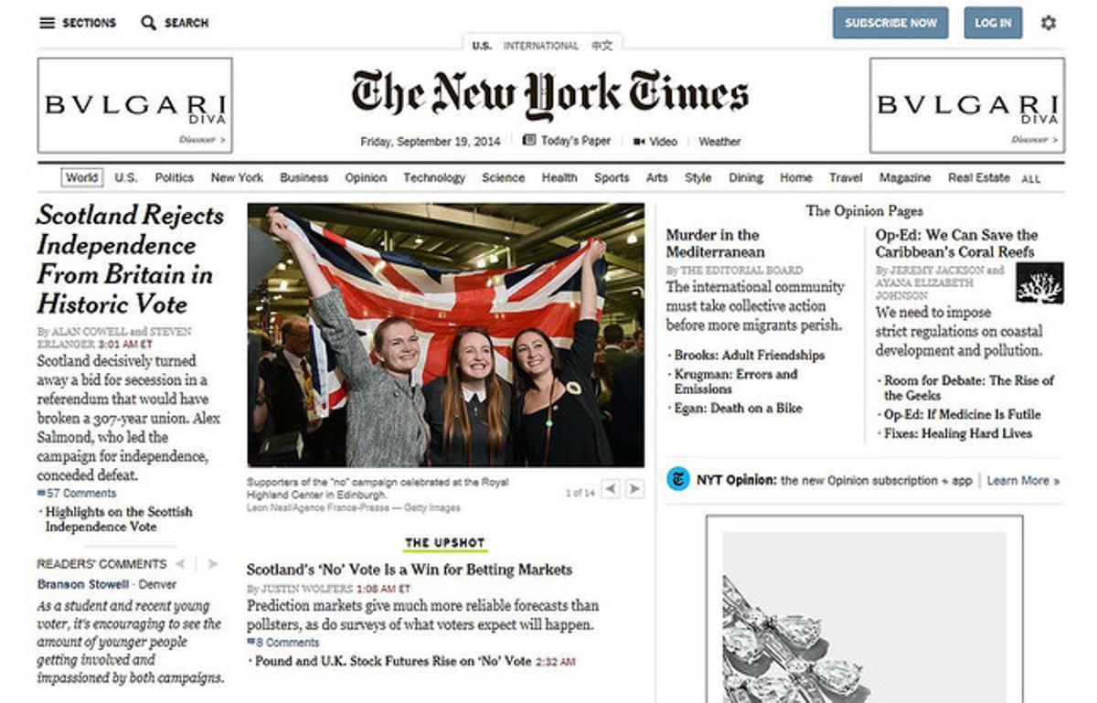 L’edició digital de ’The New York Times’, dedicada a Escòcia.
