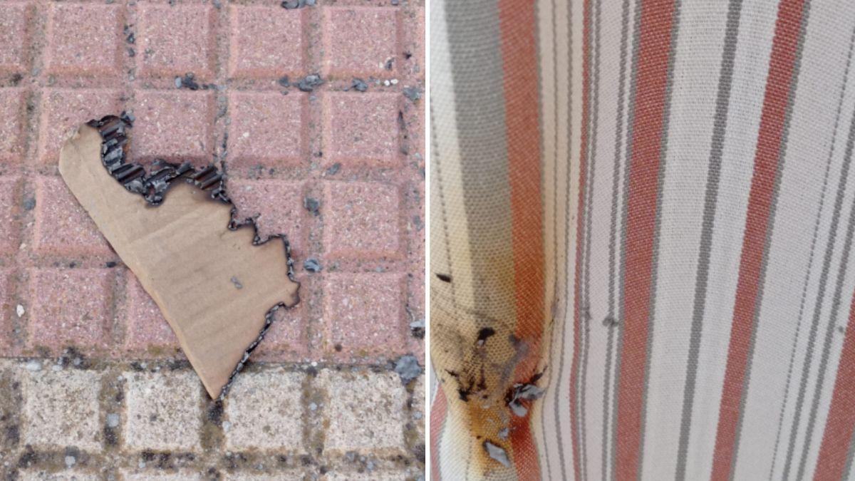 Trozo de cartón quemado y estado en que quedó la cortina de la vivienda.