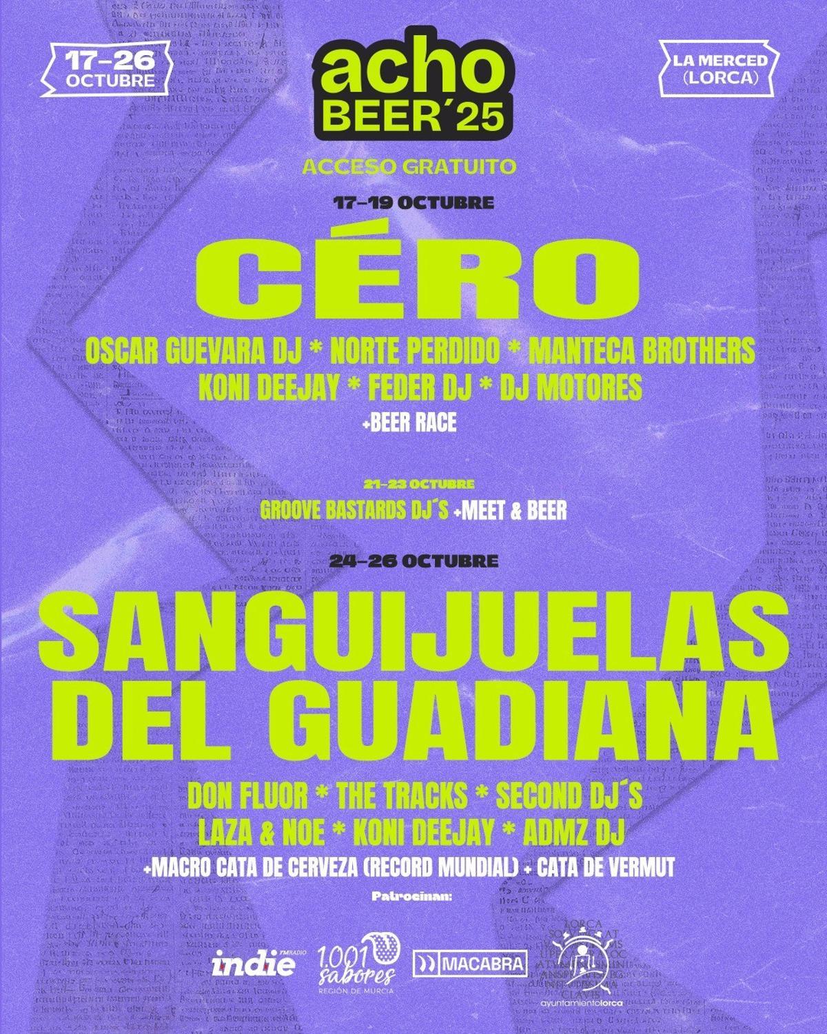 Cartel de los conciertos que se celebrarán en Lorca en el marco del festival 'Achobeer Fest'
