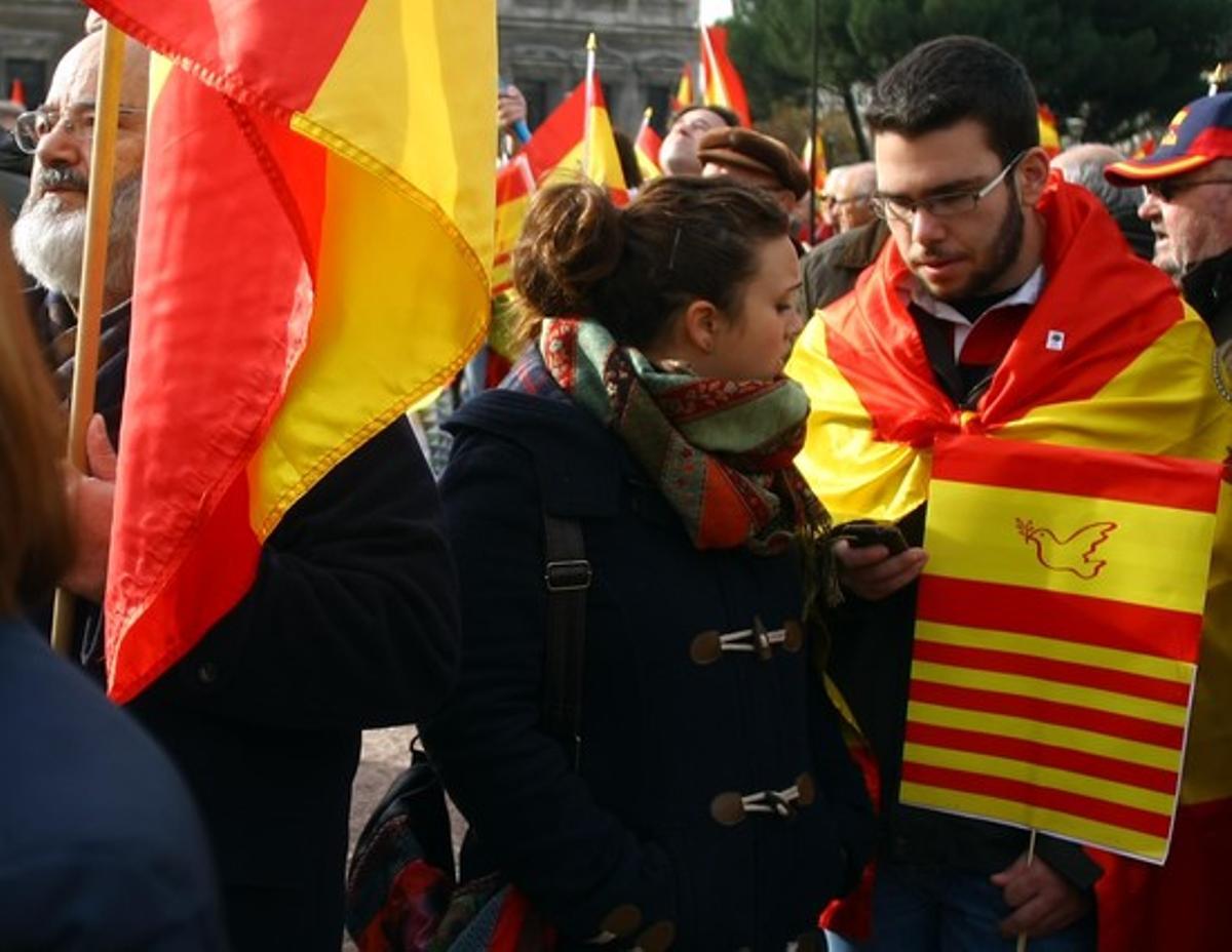 Muntatge amb la senyera a la manifestació de Colón.