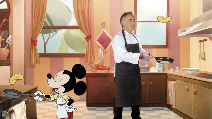 Dibujo de Mickey Mouse y Ferran Adriá, cocinando.