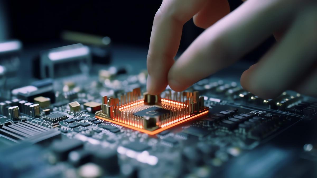Un empleado de una fábrica de IA generativa trabaja con un microchip.