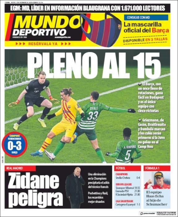 Portada MUNDO DEPORTIVO jueves 3 diciembre 2020