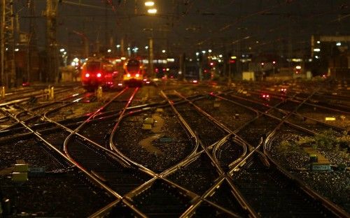 Empty tracks of German railway Deutsche Bahn are seen outside Frankfurt's main railway station