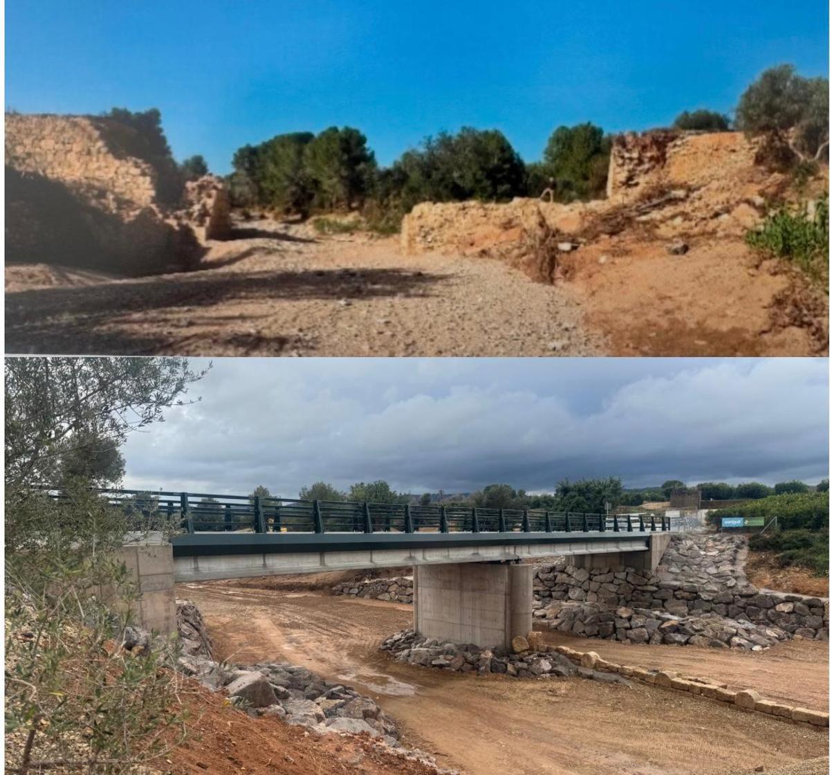 El antes y después: el puente arrasado trasla dana, y ahora reconstruido.