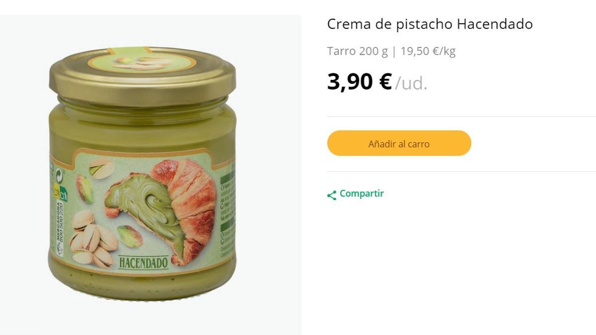 Un pote de crema de pistacho de la marca Hacendado de Mercadona.