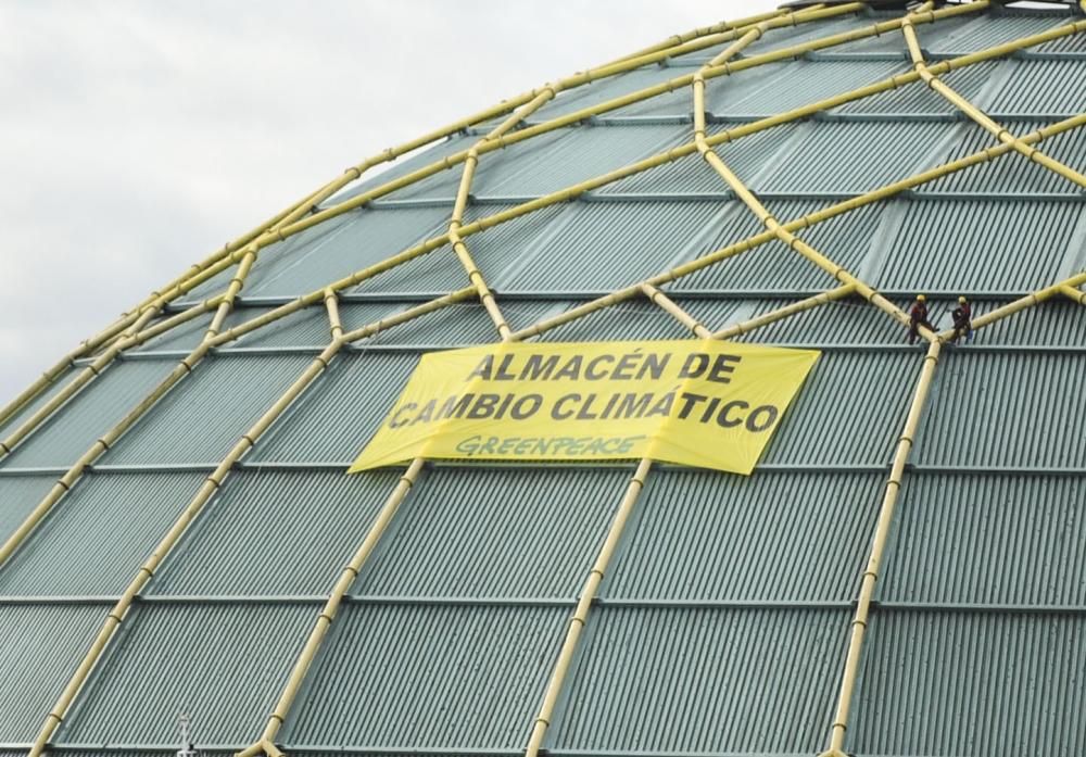 Un grupo de activistas se han desplazado en zódiacs a la instalación de almacenaje de carbón, conocida como ' Medusa', para impedir la entrada de carga por tren.