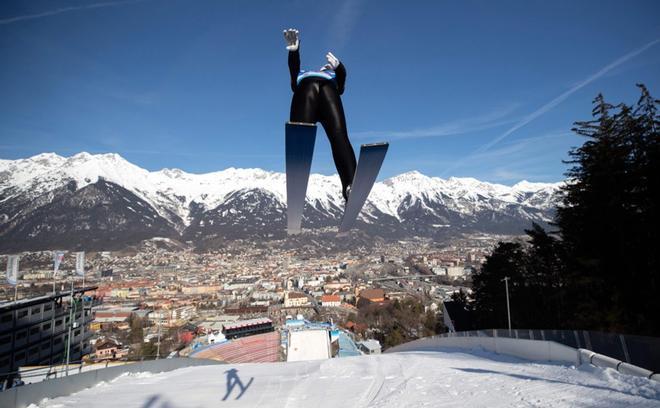 Fabian Riessle of Germany soars through the air during a training session for the Nordic Combined event of the FIS Nordic World Ski Championships on February 19, 2019 in Innsbruck, Austria.