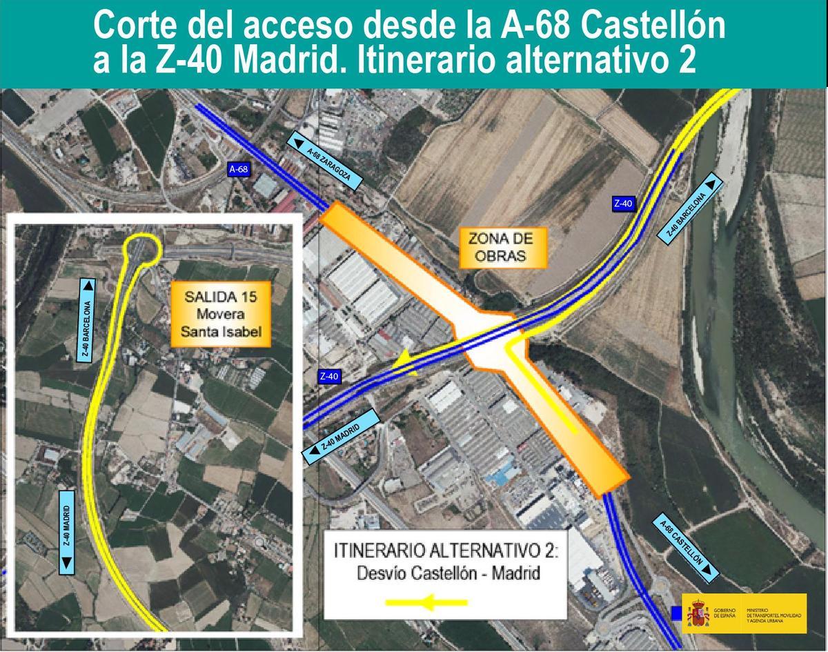 Corte del acceso desde la A-68 Castellón a la Z-40 Madrid. Itinerario alternativo 2.