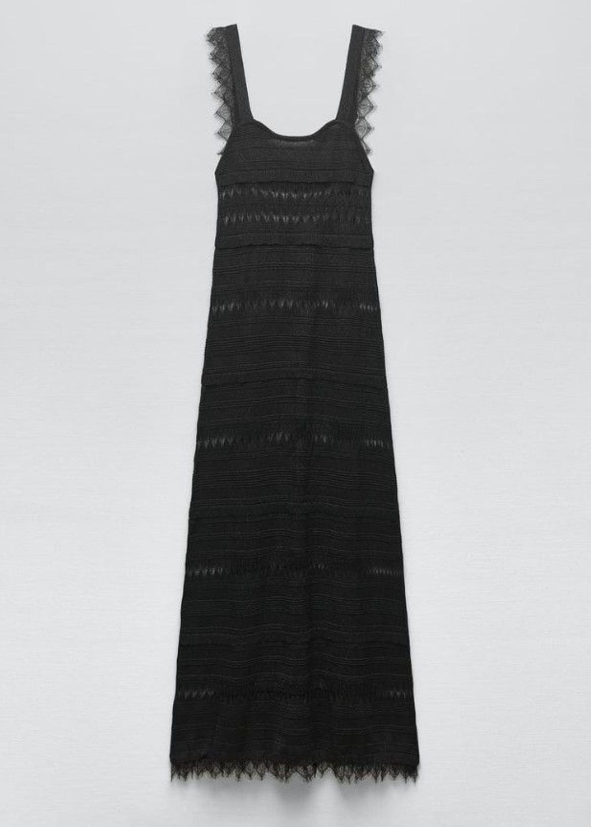 Vestido negro de hilo metalizado y encaje de Zara
