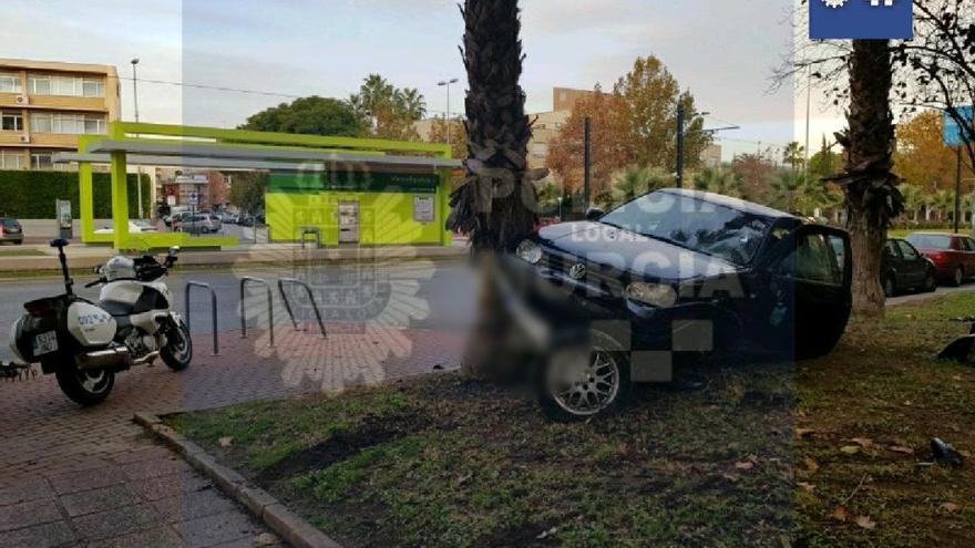 El vehículo empotrado contra una palmera.