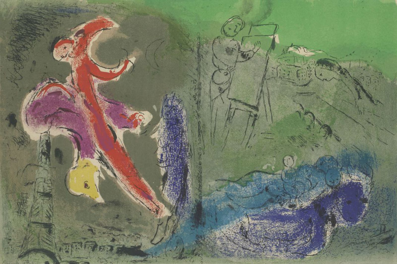 Litografía. “Visión de París”, en el número 27-28 de verve, de Marc Chagall.