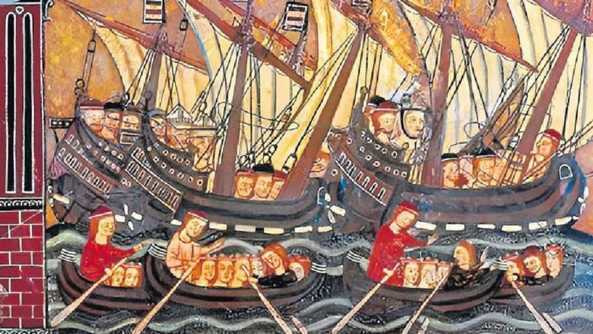 Das Altarbild von Santa Úrsula (Kirche Sant Francesc in Palma) zeigt, wie die Ruder- und Segelschiffe der Flotte von Jaume I. aussahen