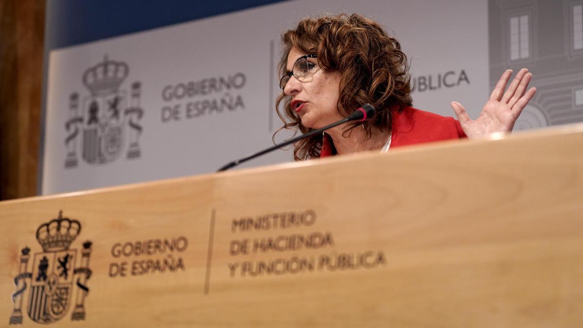Madrid. 32.03.23. María Jesús Montero, ministra de Hacienda , durante la rueda de prensa que ha ofrecido.
