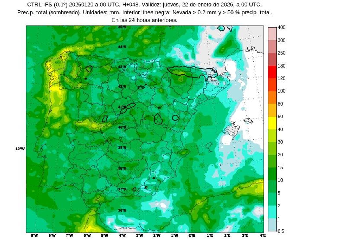 Precipitaciones previstas hoy miércoles, 21 de enero, en España.