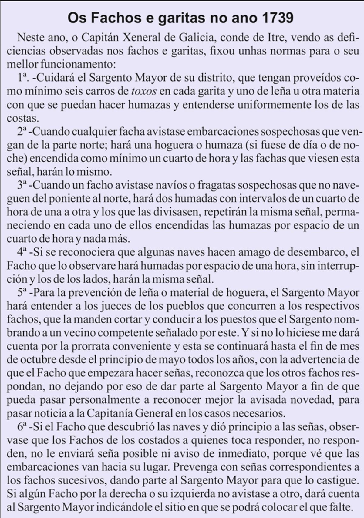 Normas para o funcionamento de fachos e garitas, datadas en 1739.