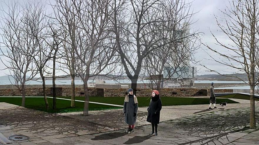 Imagen virtual del parque que se creará entre el hospital Abente y Lago y la muralla.   | // LA OPINIÓN