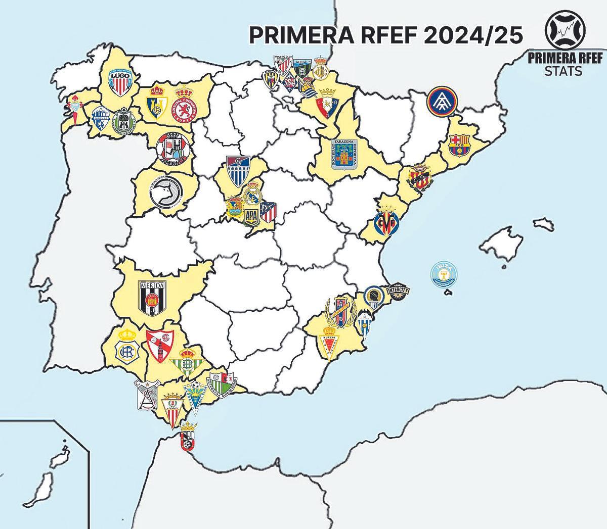 Mapa de la Primera RFEF 2024/2025.