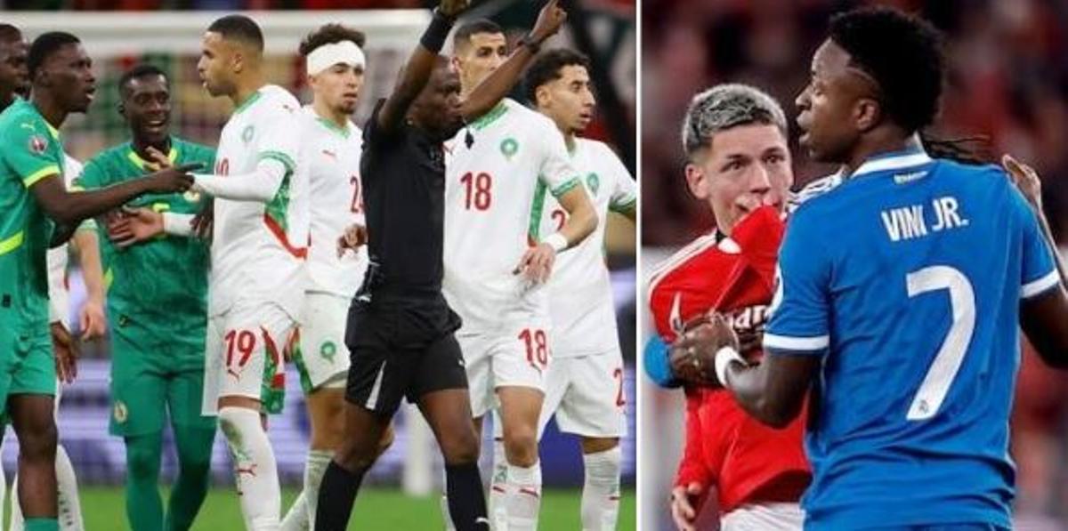 Senegal y Marruecos, en la final de la CAF. A la derecha, Prestianni insultando a Vinícius tapándose la boca
