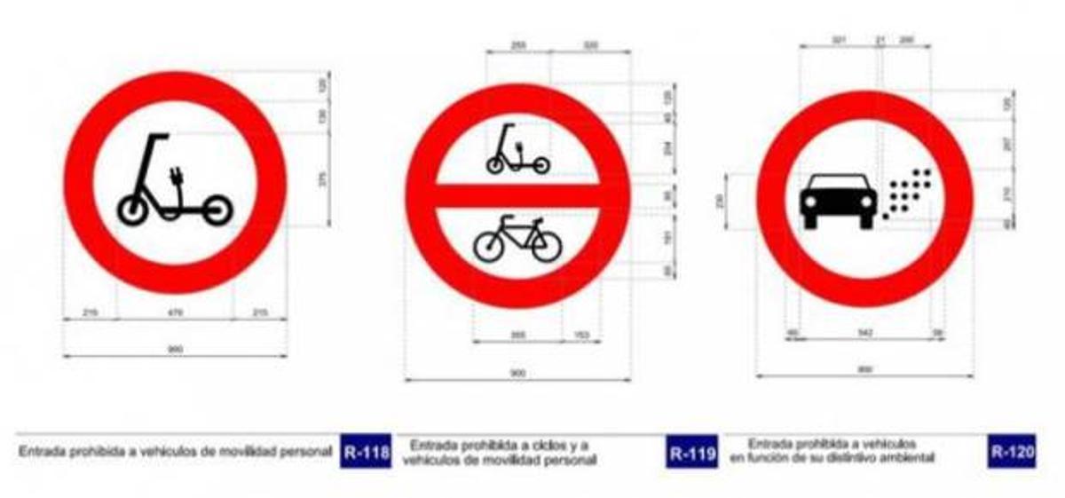 Una de las nuevas señales de tráfico que se pondrán en circulación en 2023. Paso prohibido a patinetes, bicicletas y vehículos en función de su distintivo medioambiental