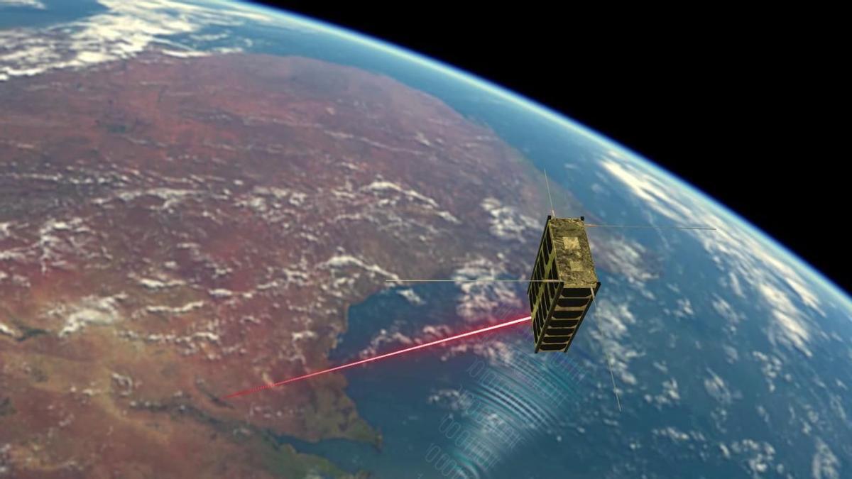 Recreación del satélite Odaliss de Emxys transmitiendo, por láser, datos a la Tierra.