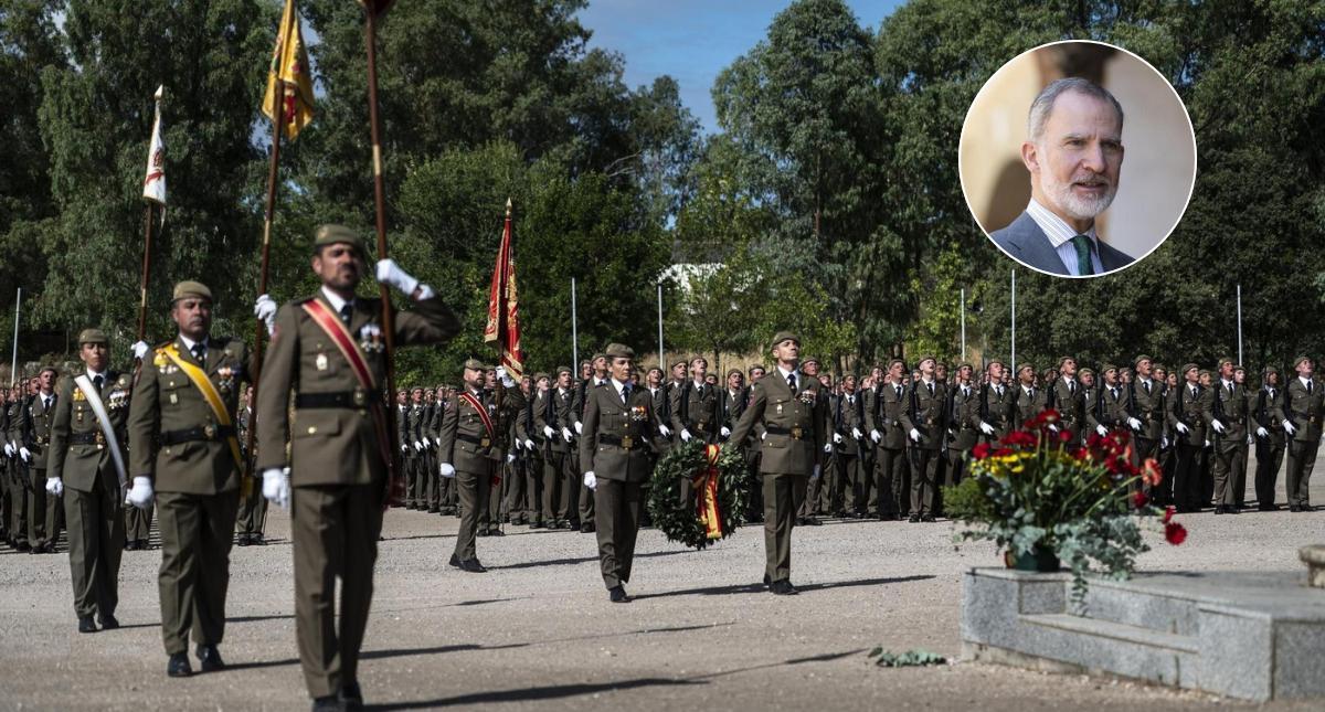 Imagen de archivo de la jura de bandera del pasado mes de julio. En el círculo, el Rey Felipe VI durante su visita a Guadalupe.