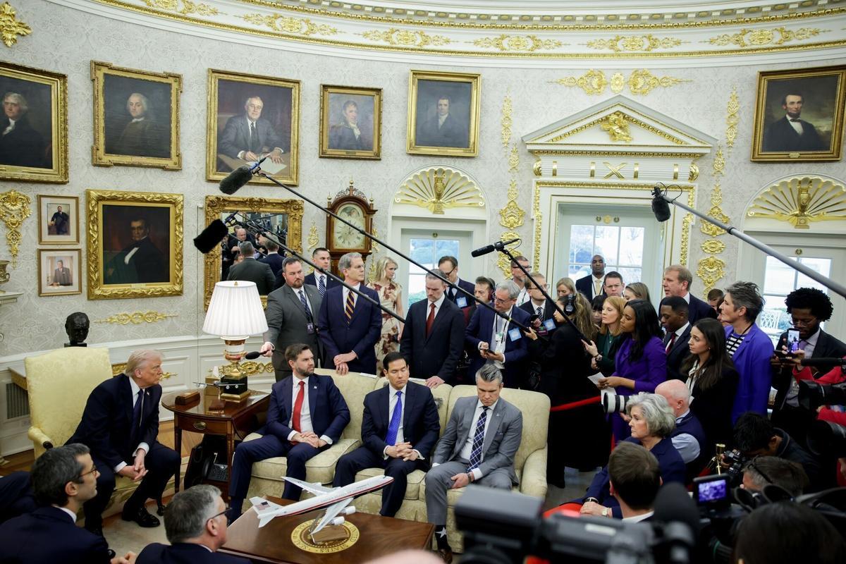 US President Donald Trump, from left, Vice President JD Vance, Scott Bessent, US treasury secretary, Marco Rubio, US secretary of state, Jamieson Greer, US trade representative, and Pete Hegseth, US secretary of defense, during a meeting with Friedrich Merz, Germany's chancellor, not pictured, in the Oval Office of the White House in Washington, DC, US, on Tuesday, March 3, 2026. Merz said he intended to discuss with President Donald Trump the next steps in the war on Iran amid questions about the US administration's endgame after it launched strikes on the Islamic Republic. Photographer: Samuel Corum/Sipa/Bloomberg