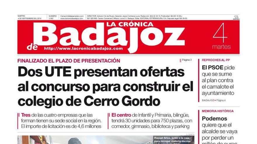 Esta es la portada de LA CRÓNICA DE BADAJOZ correspondiente al día 4 de septiembre del 2018