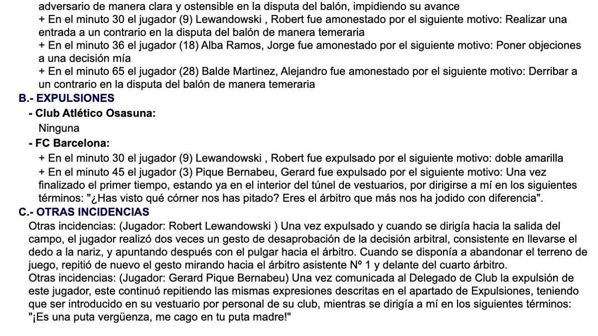 Fragmento del acta arbitral de Gil Manzano sobre las expulsiones.